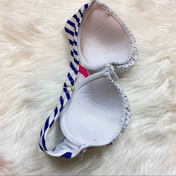 Victoria’s Secret Flounce White& Blue Dot Stripe Bandeau Swim Bikini Top - Picture 5 of 8